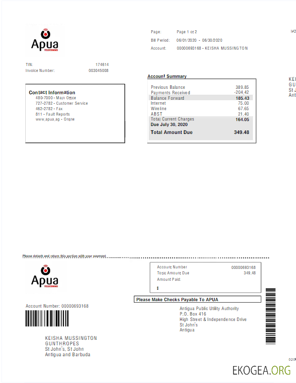 ANTIGUA AND BARBUDA APUA utility bill Word and PDF template